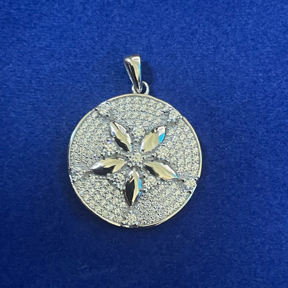 925 Sterling Silver Nautical RH Sand Dollar CZ Paved Necklace Charm Pendant